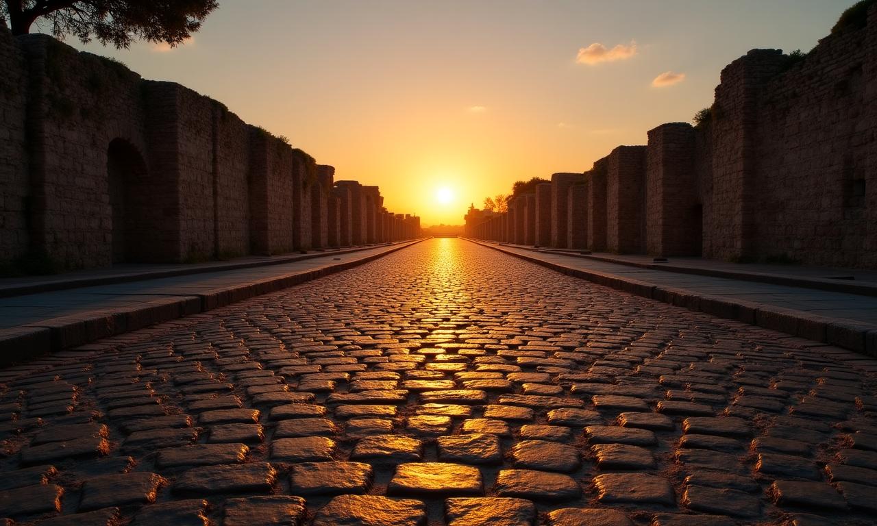 Antica strada consolare romana al tramonto