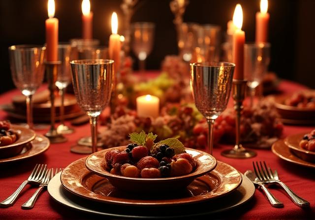 Elegante tavola imbandita in stile romano con vino e frutta