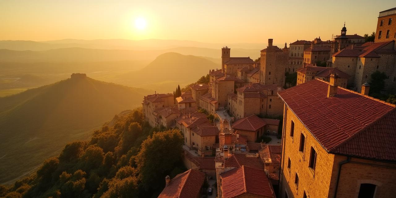 Vista aerea di un antico borgo europeo al tramonto
